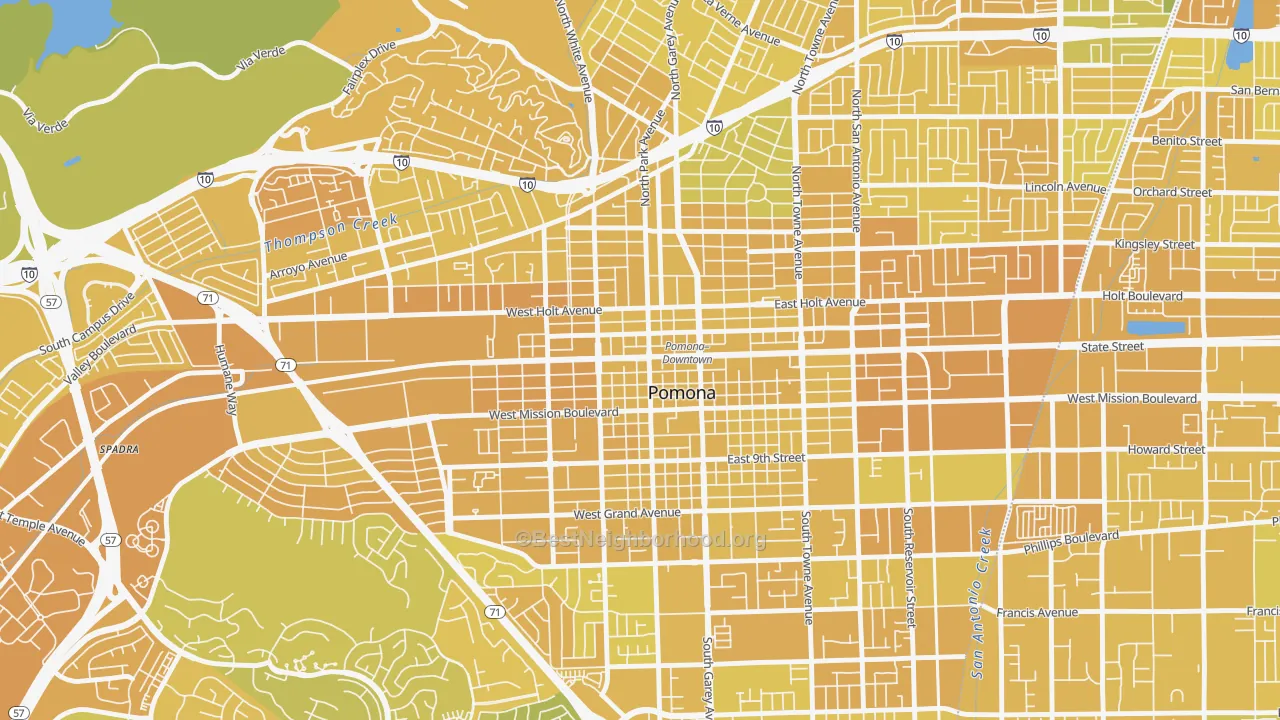 Map of the best neighborhoods in the Edison Historic District, Pomona area, with better matches in green and worse matches in red