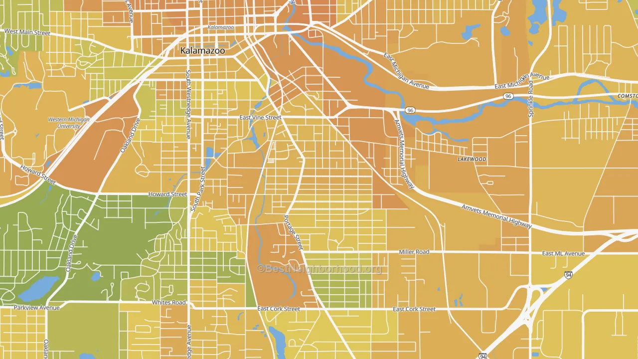 Map of the best neighborhoods in the Edison, Kalamazoo area, with better matches in green and worse matches in red