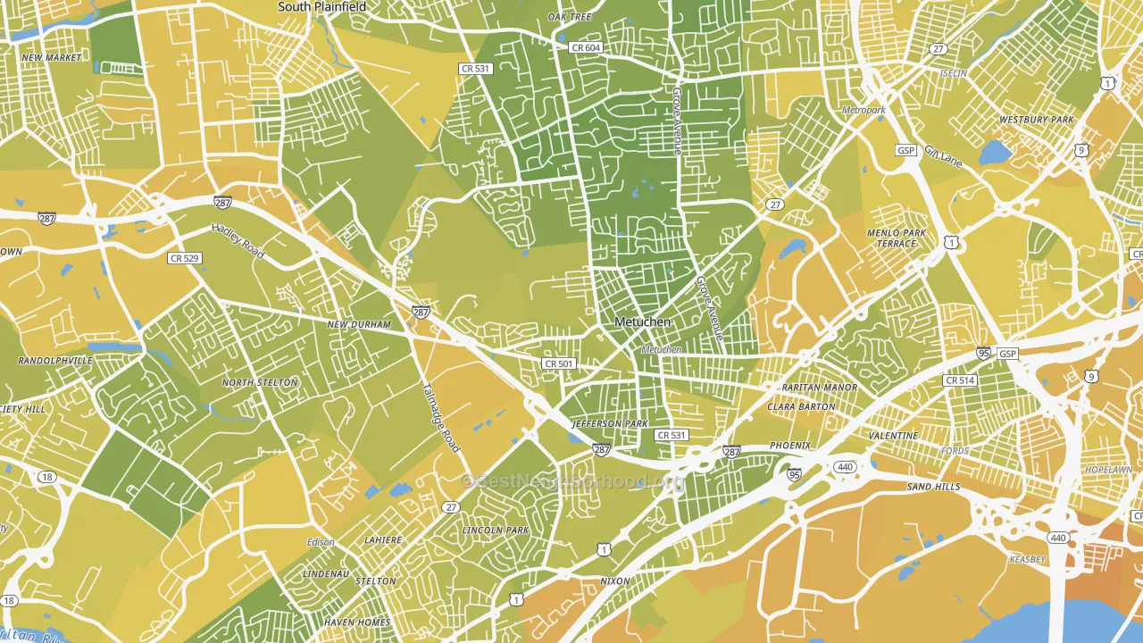 Map of the best neighborhoods in the Edison area, with better matches in green and worse matches in red