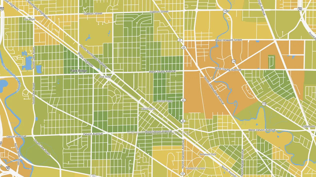 Map of the best neighborhoods in the Edison Park, Chicago area, with better matches in green and worse matches in red