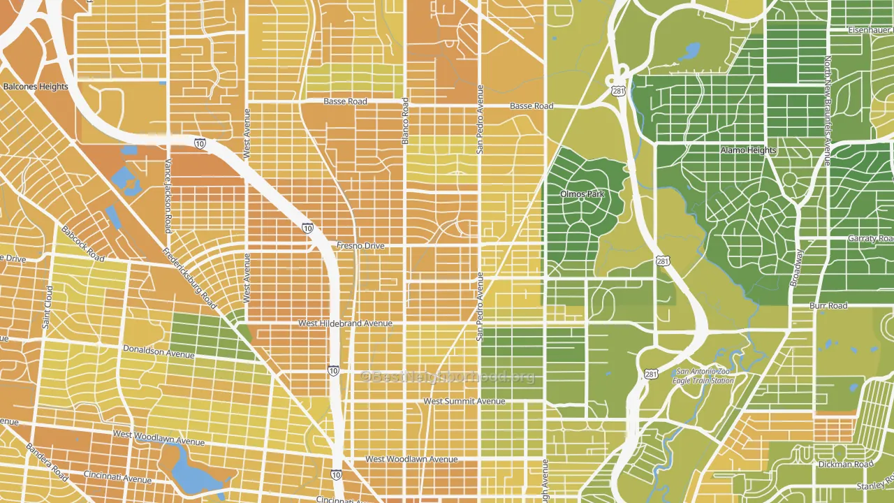 Map of the best neighborhoods in the Edison, San Antonio area, with better matches in green and worse matches in red
