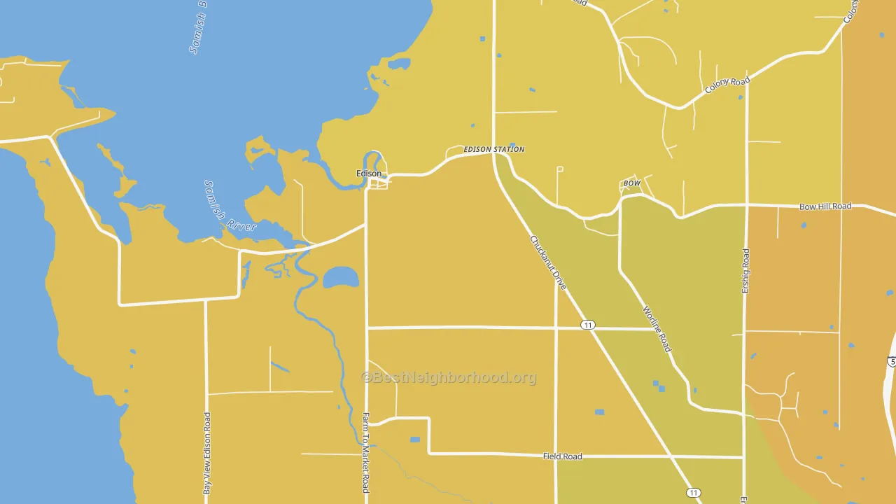 Map of the best neighborhoods in the Edison area, with better matches in green and worse matches in red