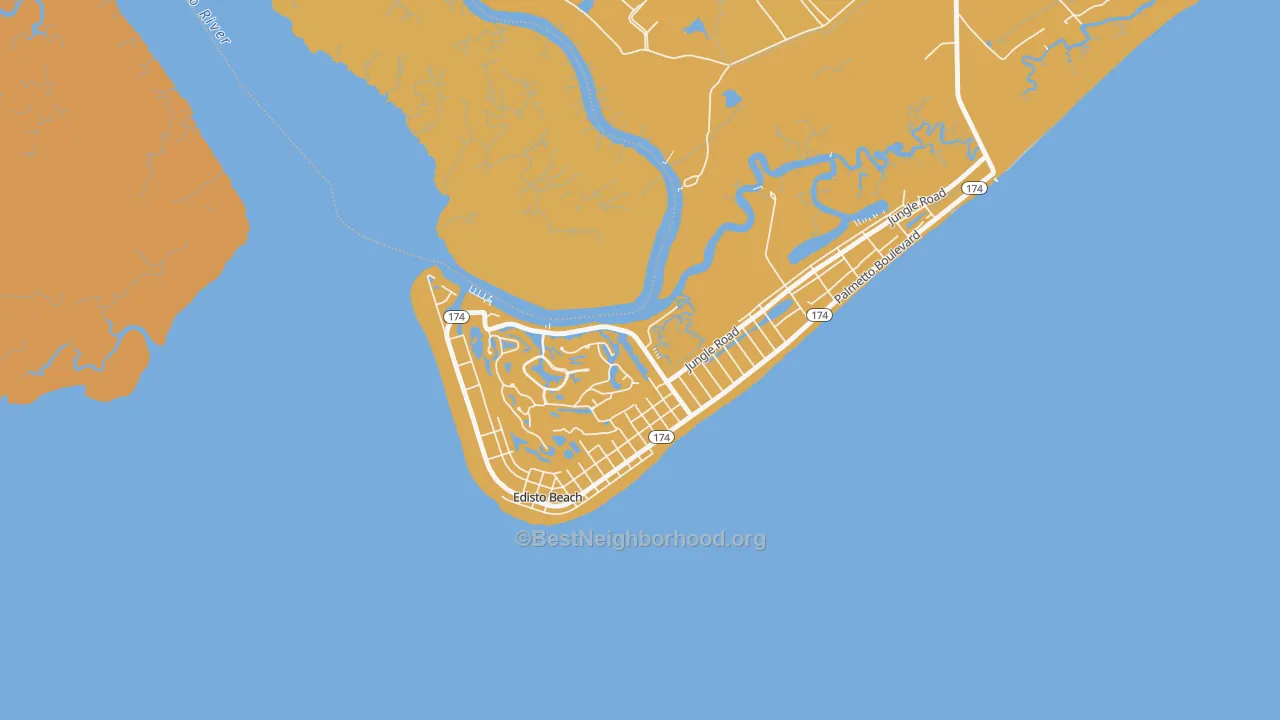 Map of the best neighborhoods in the Edisto Beach area, with better matches in green and worse matches in red