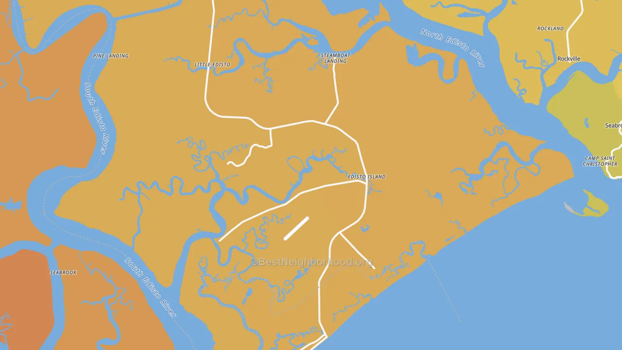 Map of the best neighborhoods in the Edisto Island area, with better matches in green and worse matches in red