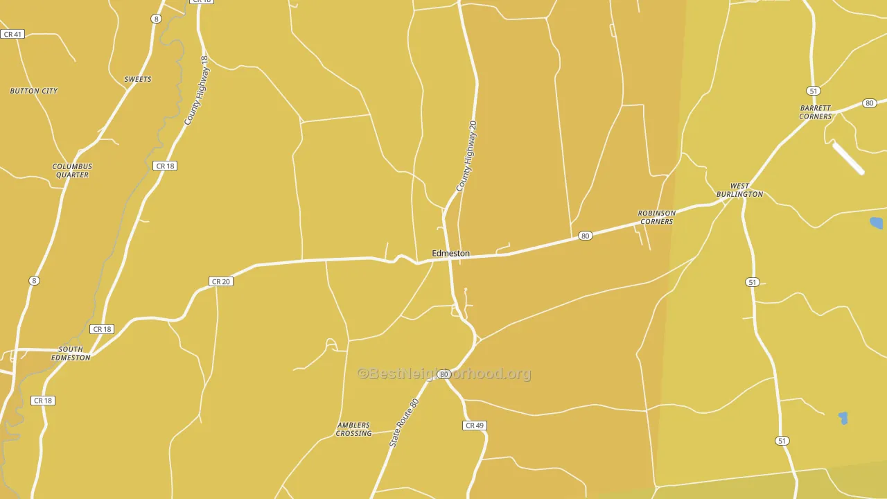 Map of the best neighborhoods in the Edmeston area, with better matches in green and worse matches in red