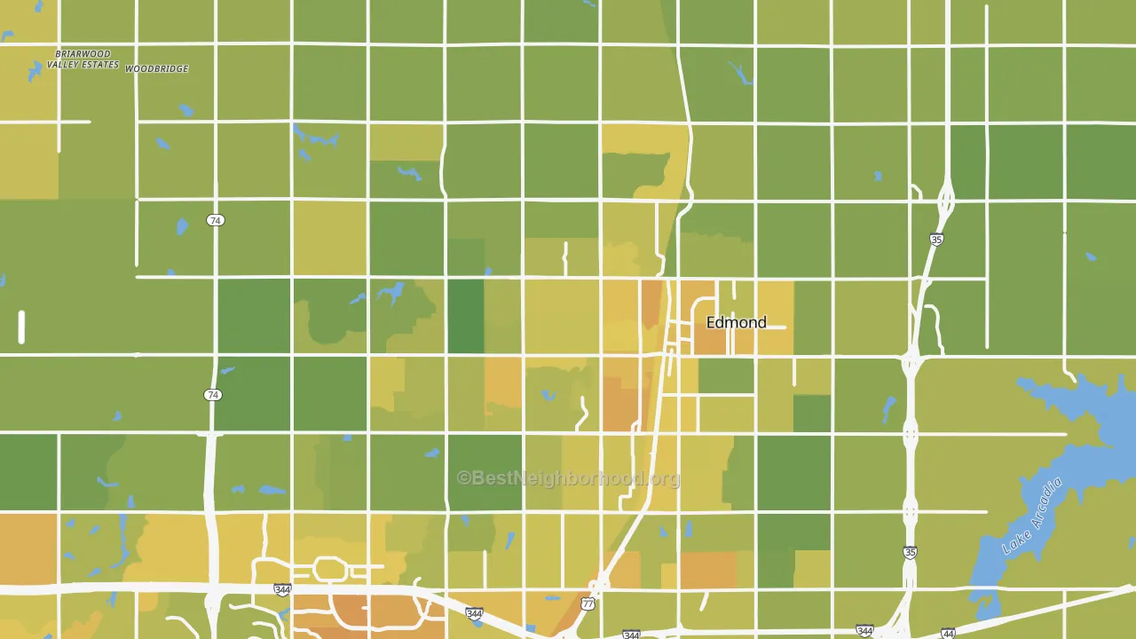 Map of the best neighborhoods in the Edmond area, with better matches in green and worse matches in red