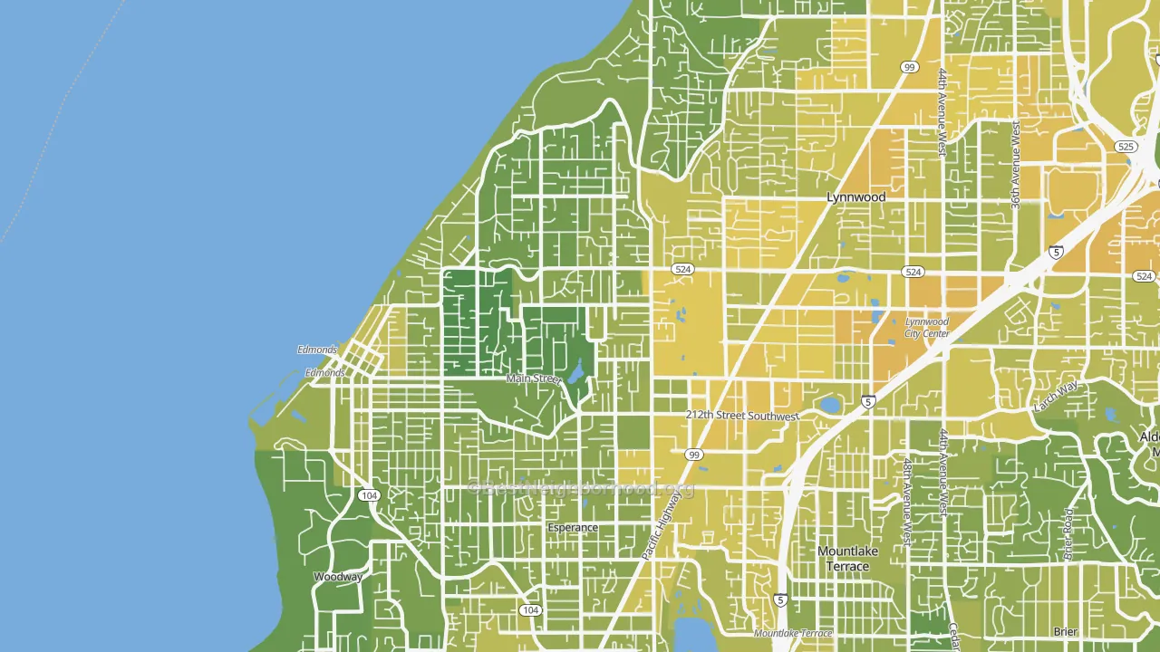 Map of the best neighborhoods in the Edmonds area, with better matches in green and worse matches in red