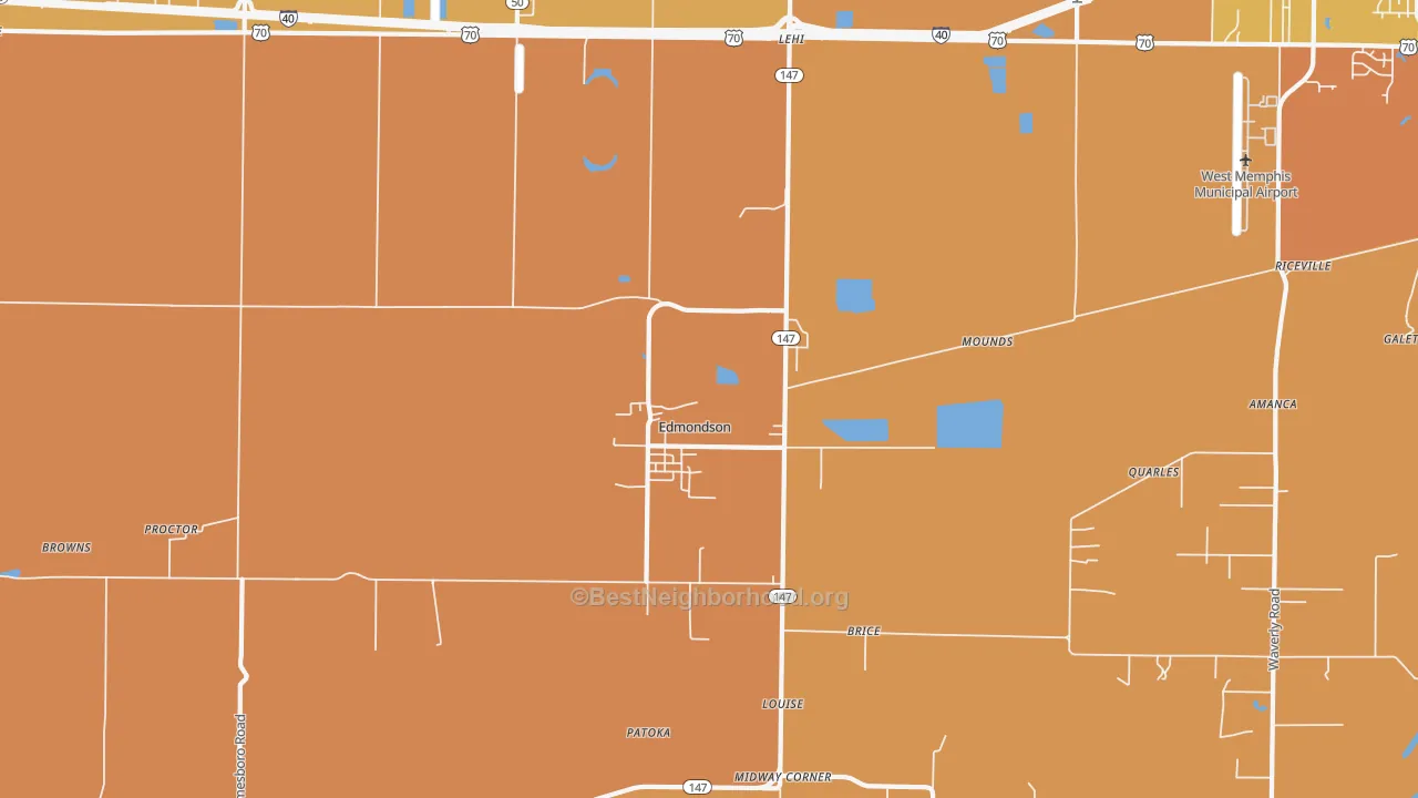 Map of the best neighborhoods in the Edmondson area, with better matches in green and worse matches in red