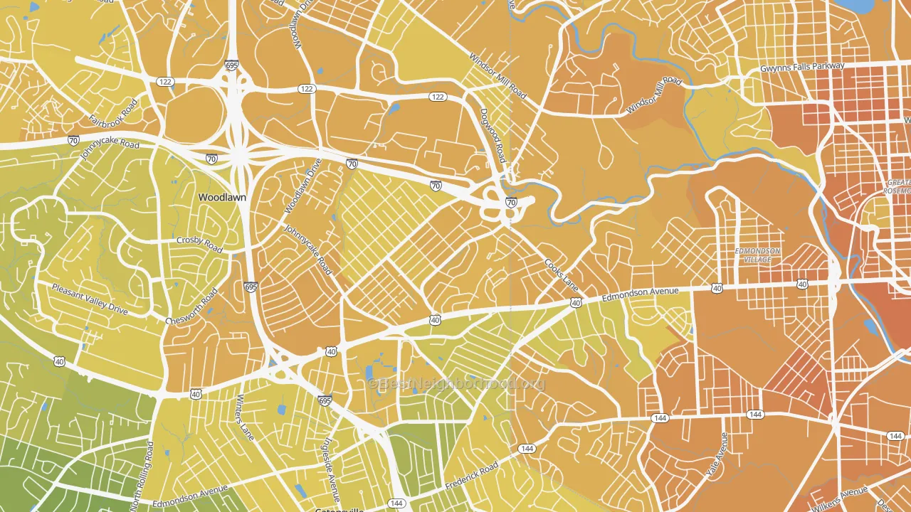 Map of the best neighborhoods in the Edmondson Heights, Woodlawn area, with better matches in green and worse matches in red
