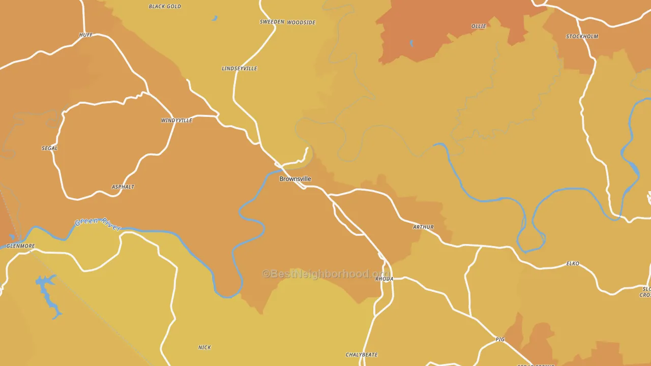 Map of the best neighborhoods in the Edmonson County area, with better matches in green and worse matches in red