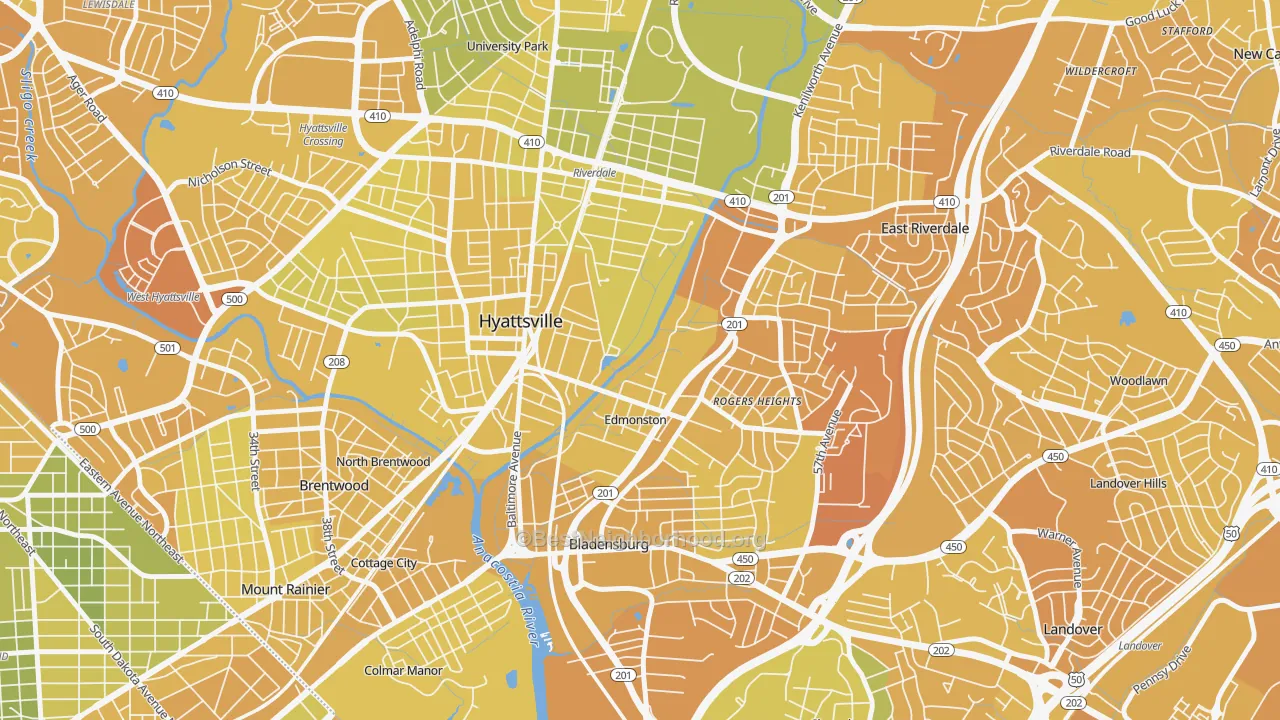 Map of the best neighborhoods in the Edmonston area, with better matches in green and worse matches in red