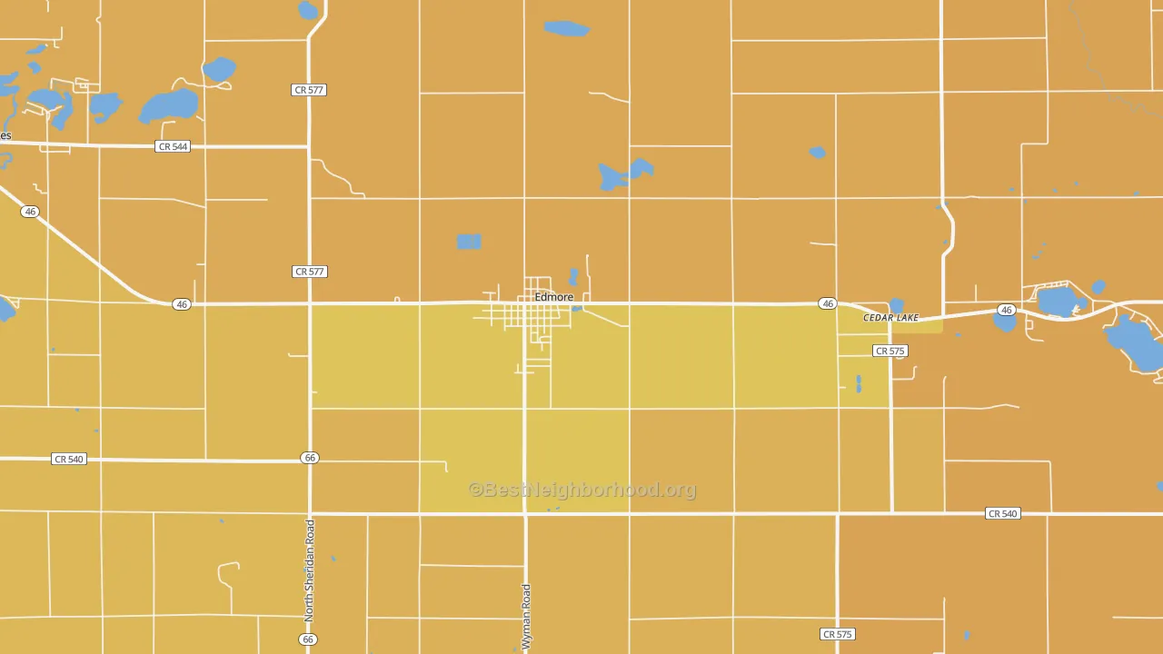 Map of the best neighborhoods in the Edmore area, with better matches in green and worse matches in red