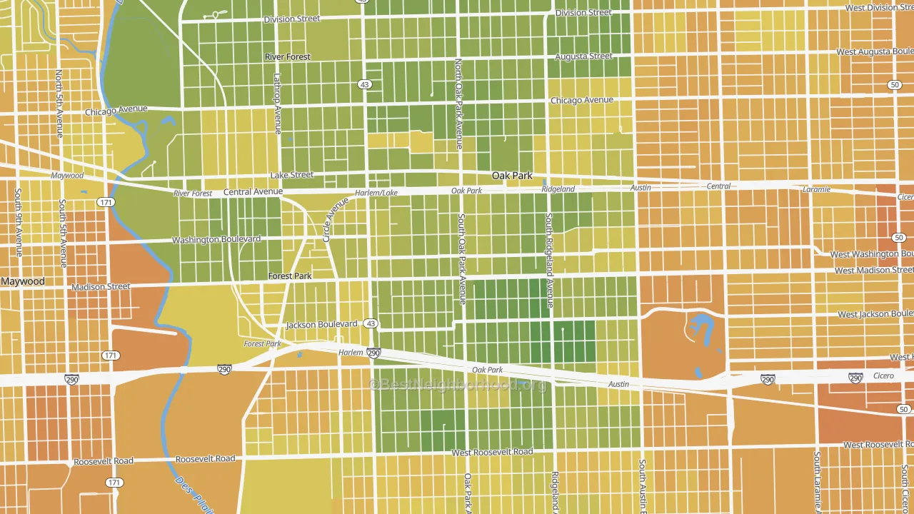 Map of the best neighborhoods in the Edmund F Burton, Oak Park area, with better matches in green and worse matches in red