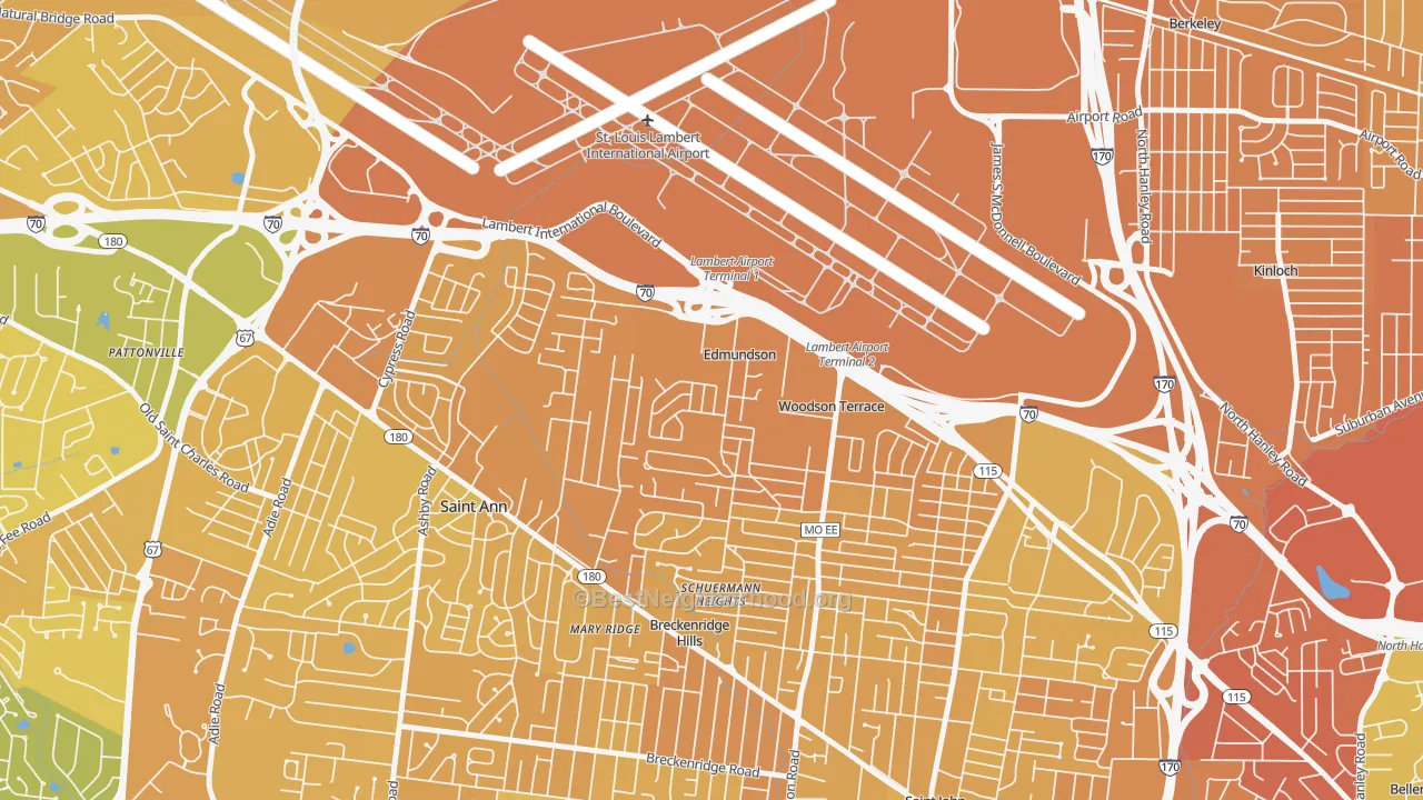 Map of the best neighborhoods in the Edmundson area, with better matches in green and worse matches in red