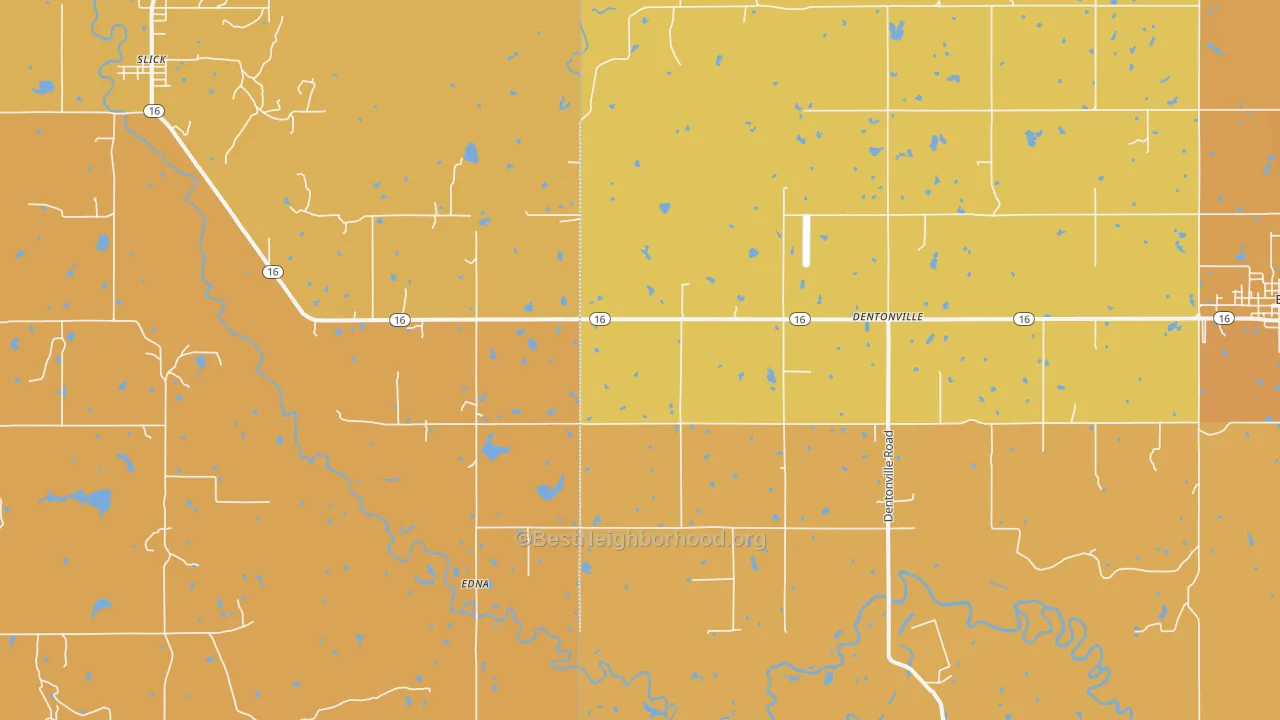 Map of the best neighborhoods in the Edna area, with better matches in green and worse matches in red