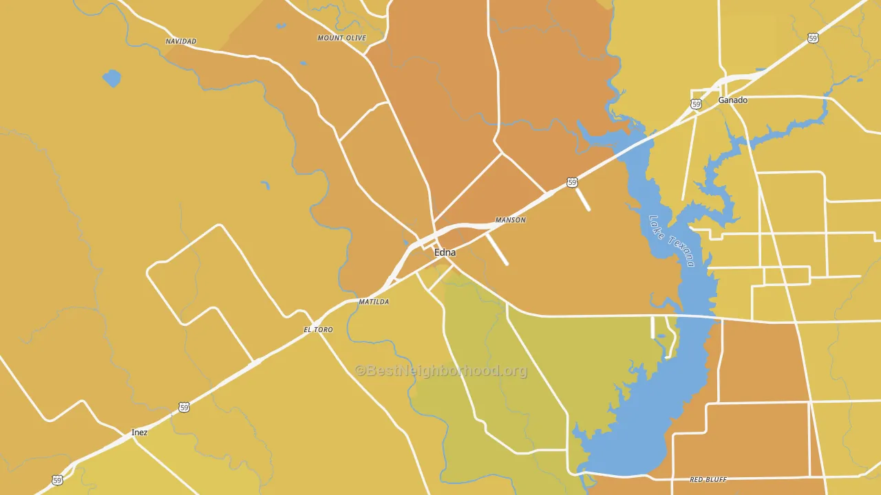Map of the best neighborhoods in the Edna area, with better matches in green and worse matches in red