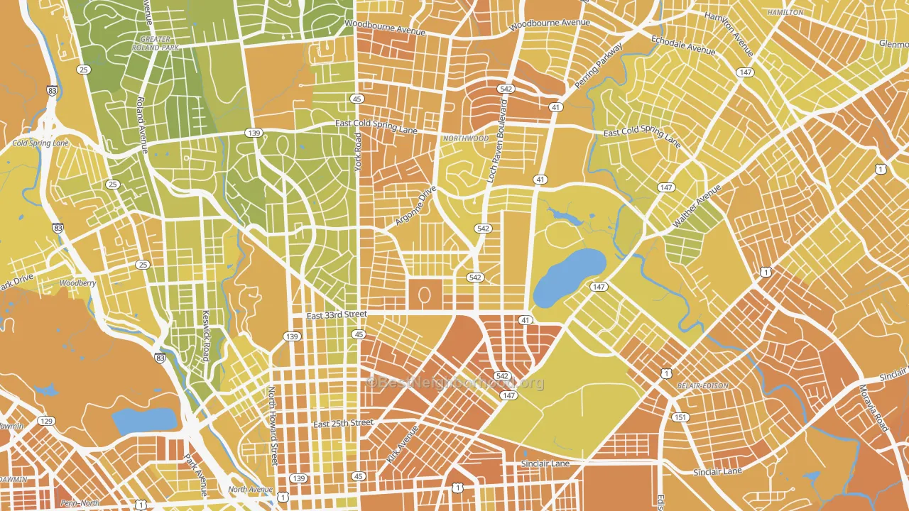 Map of the best neighborhoods in the Ednor Gardens-Lakeside, Baltimore area, with better matches in green and worse matches in red
