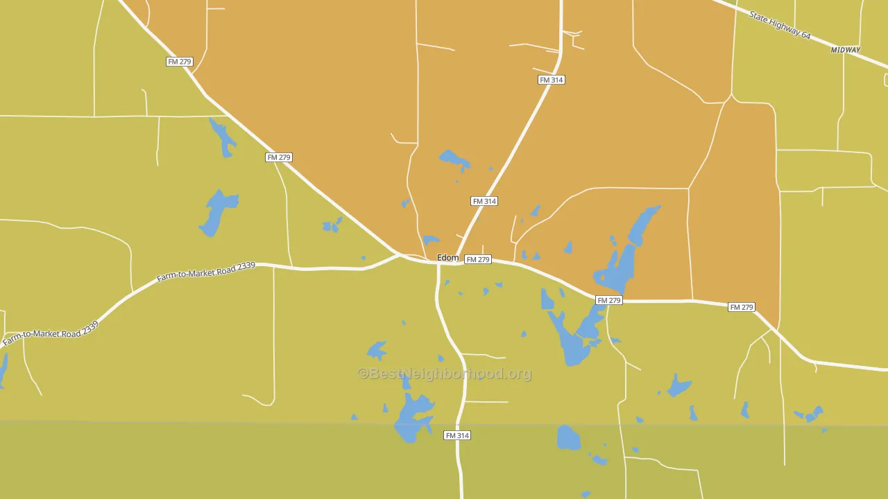 Map of the best neighborhoods in the Edom area, with better matches in green and worse matches in red