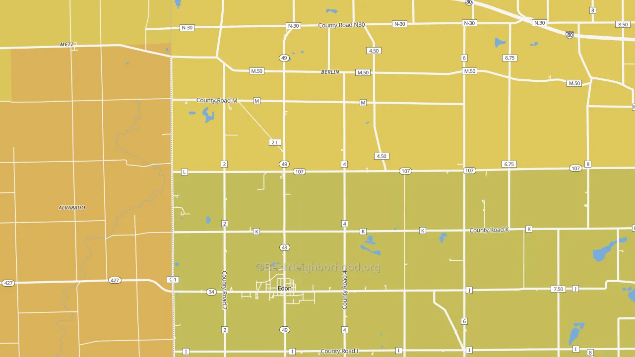 Map of the best neighborhoods in the Edon area, with better matches in green and worse matches in red