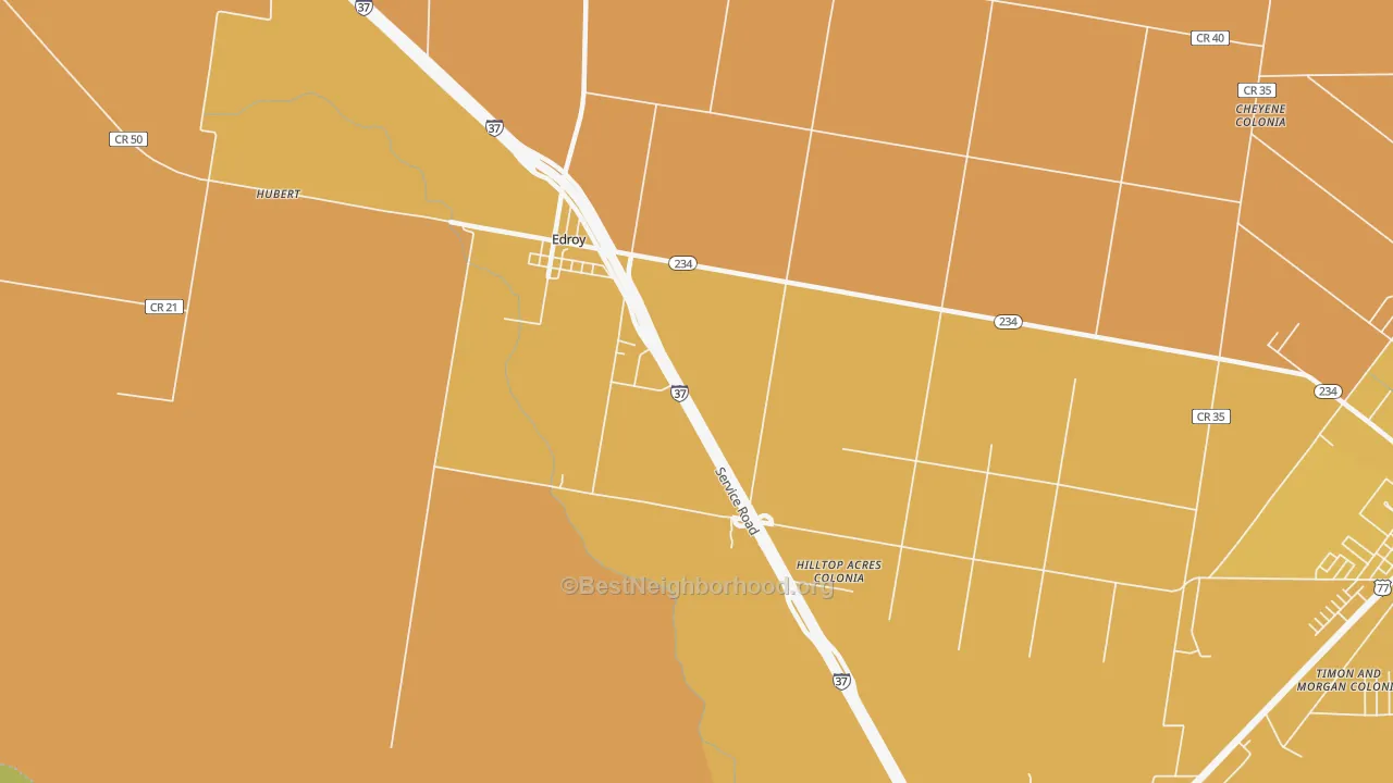 Map of the best neighborhoods in the Edroy area, with better matches in green and worse matches in red