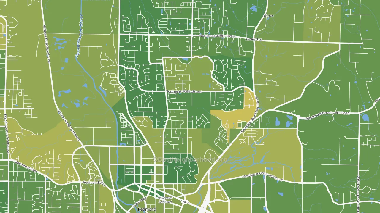 Map of the best neighborhoods in the Education Hill, Redmond area, with better matches in green and worse matches in red