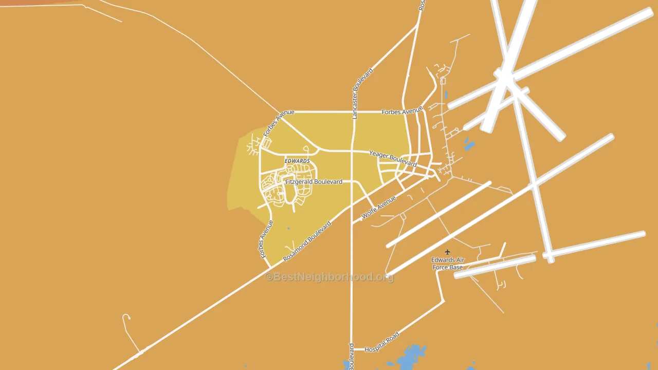 Map of the best neighborhoods in the Edwards Air Force Base area, with better matches in green and worse matches in red