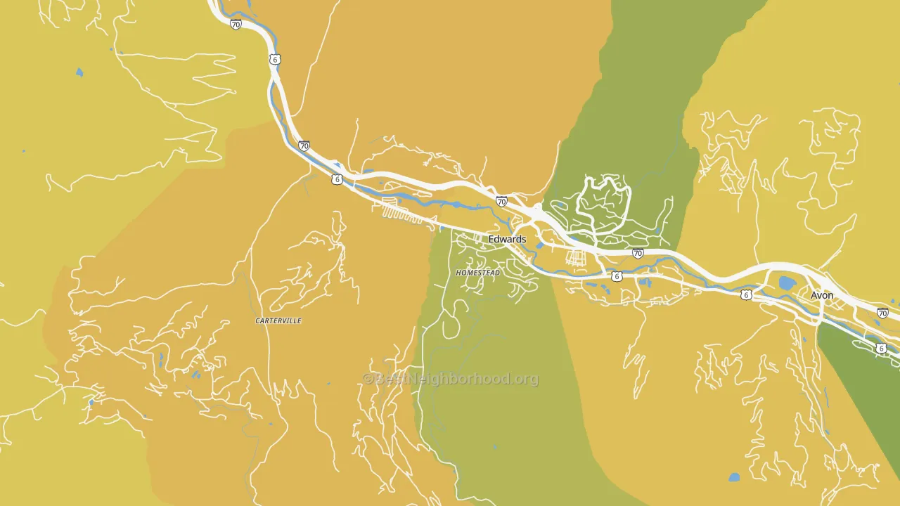 Map of the best neighborhoods in the Edwards area, with better matches in green and worse matches in red