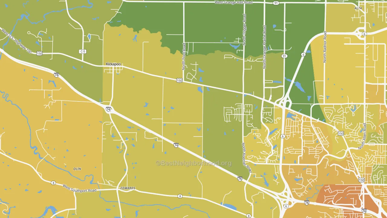 Map of the best neighborhoods in the Edwards area, with better matches in green and worse matches in red