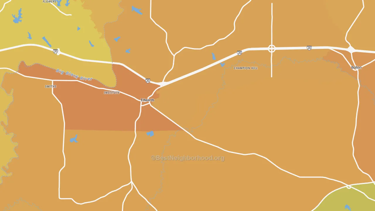 Map of the best neighborhoods in the Edwards area, with better matches in green and worse matches in red