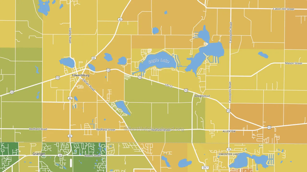 Map of the best neighborhoods in the Edwardsburg area, with better matches in green and worse matches in red