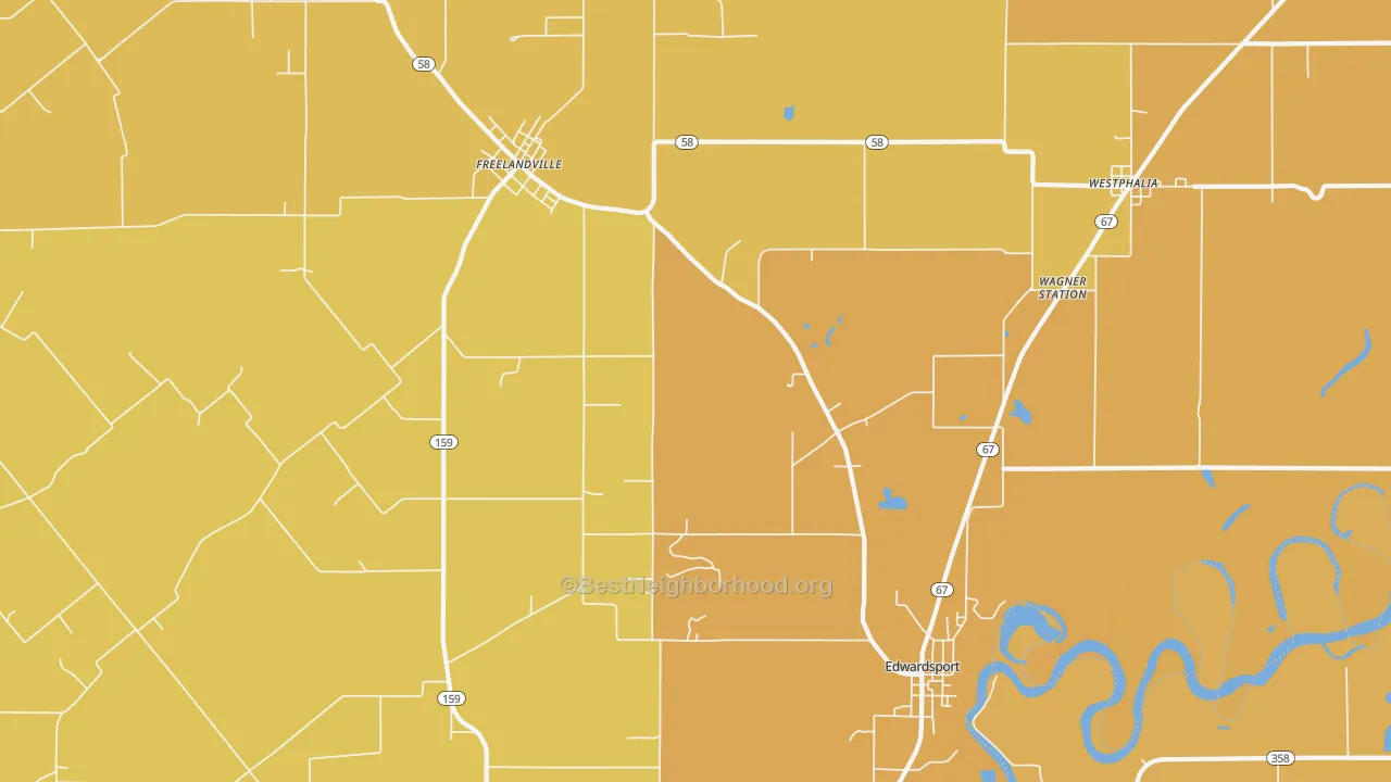 Map of the best neighborhoods in the Edwardsport area, with better matches in green and worse matches in red