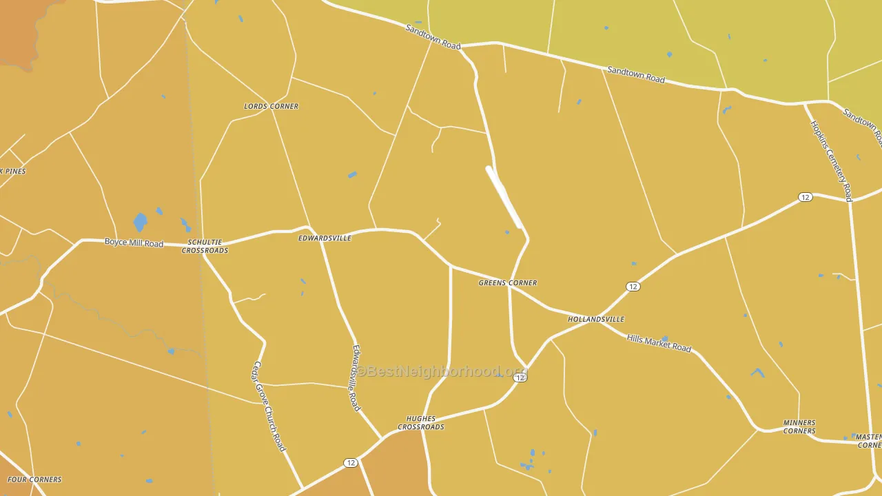 Map of the best neighborhoods in the Edwardsville area, with better matches in green and worse matches in red