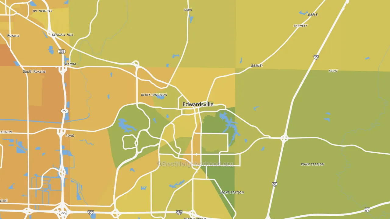 Map of the best neighborhoods in the Edwardsville area, with better matches in green and worse matches in red
