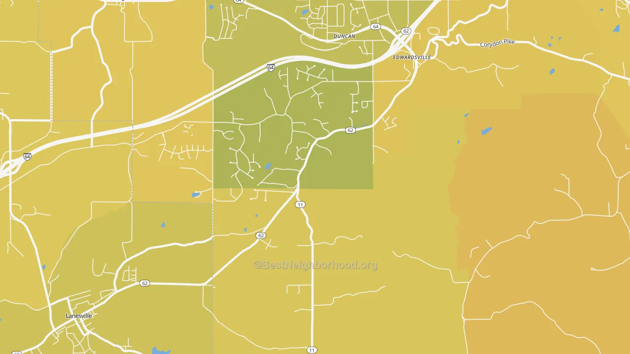 Map of the best neighborhoods in the Edwardsville area, with better matches in green and worse matches in red