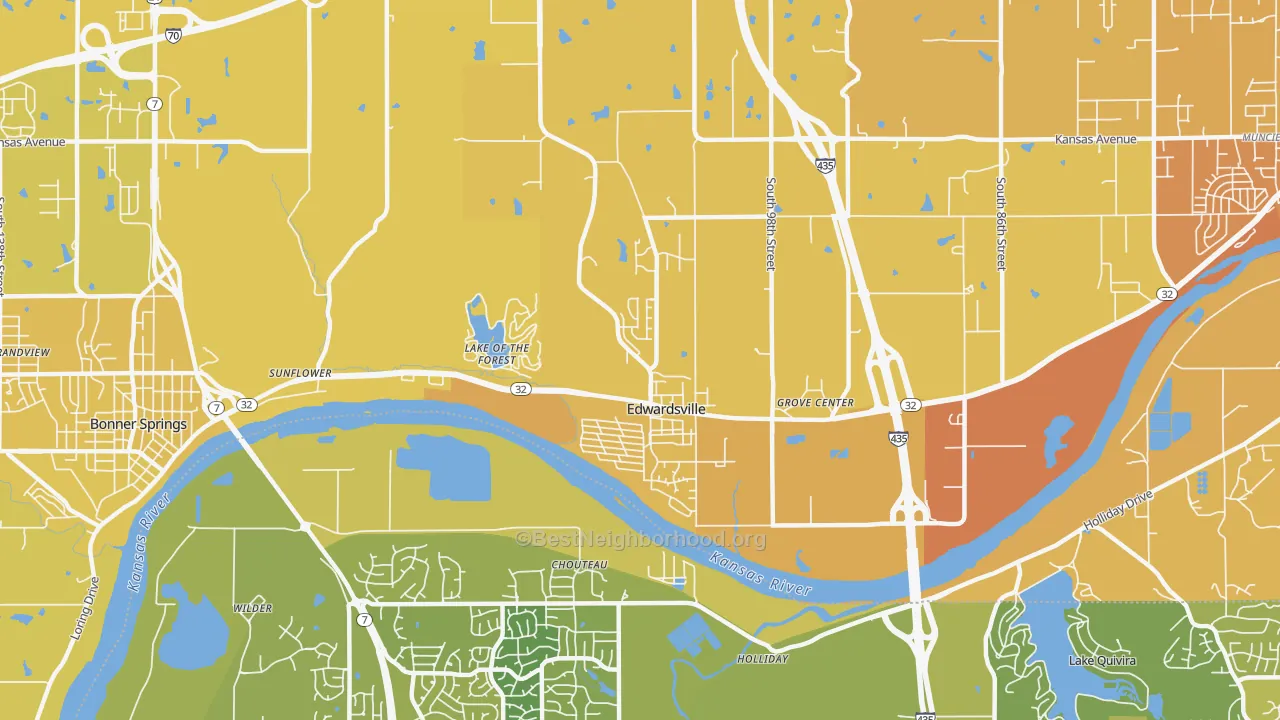 Map of the best neighborhoods in the Edwardsville area, with better matches in green and worse matches in red