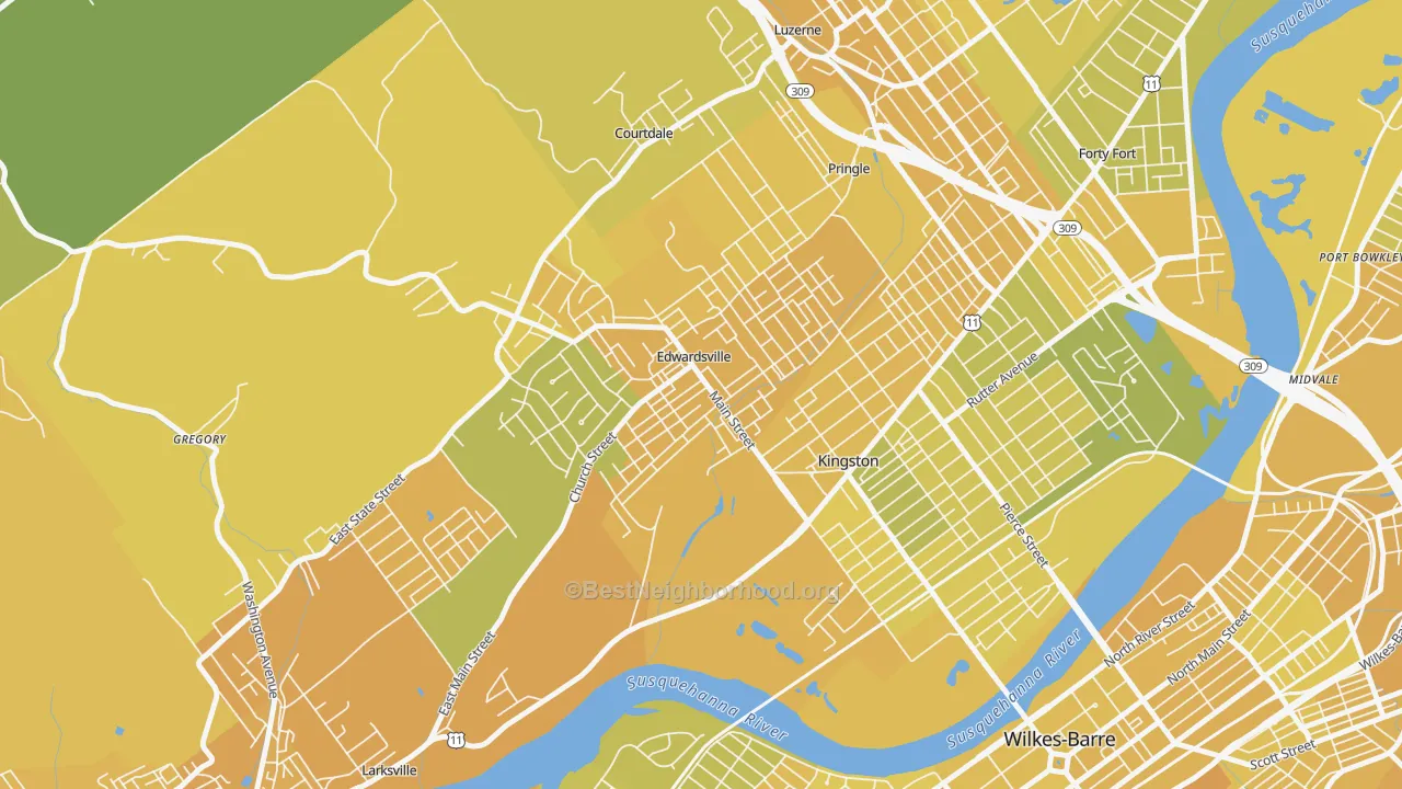 Map of the best neighborhoods in the Edwardsville area, with better matches in green and worse matches in red