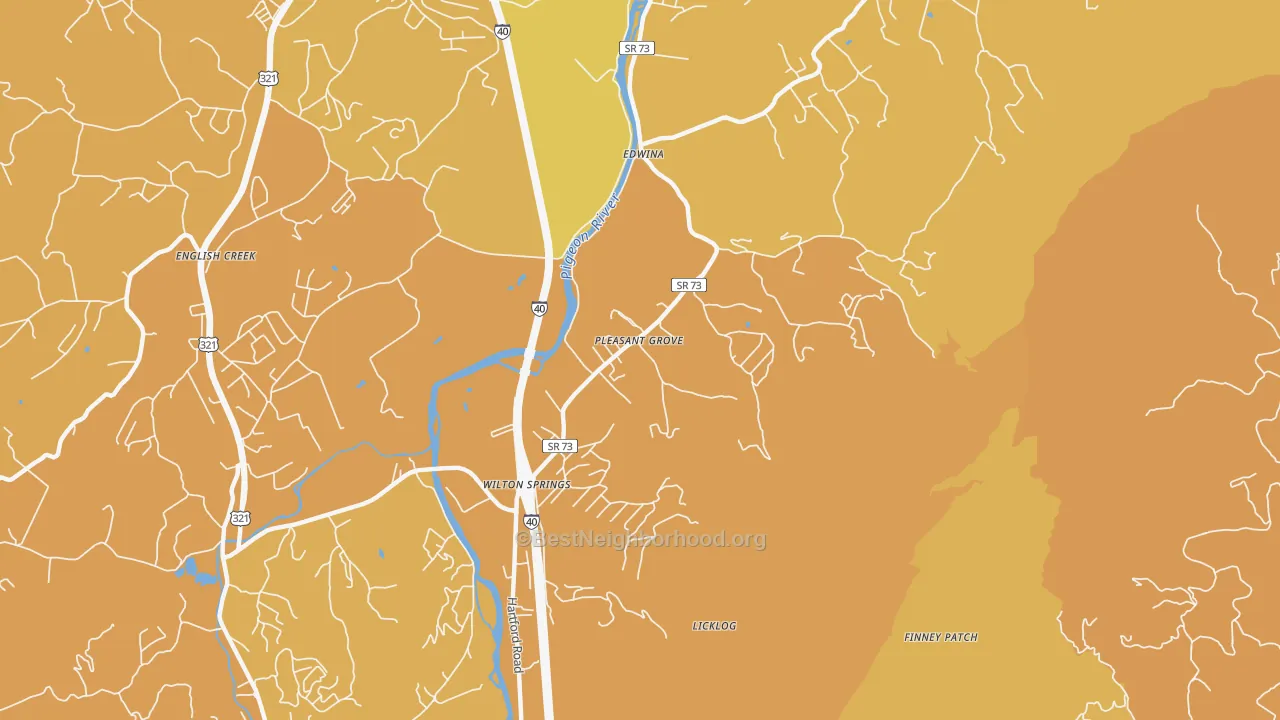 Map of the best neighborhoods in the Edwina area, with better matches in green and worse matches in red