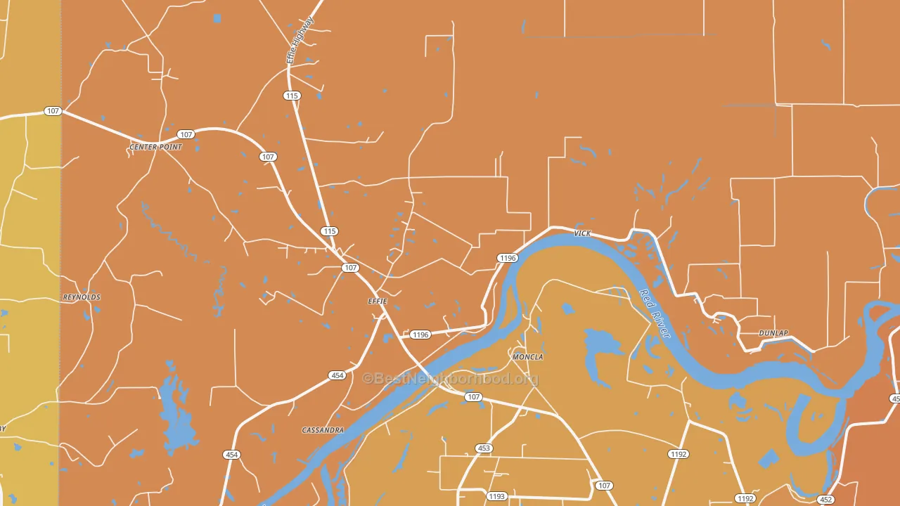 Map of the best neighborhoods in the Effie area, with better matches in green and worse matches in red