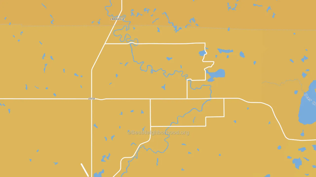 Map of the best neighborhoods in the Effie area, with better matches in green and worse matches in red
