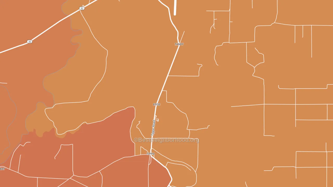 Map of the best neighborhoods in the Effie area, with better matches in green and worse matches in red