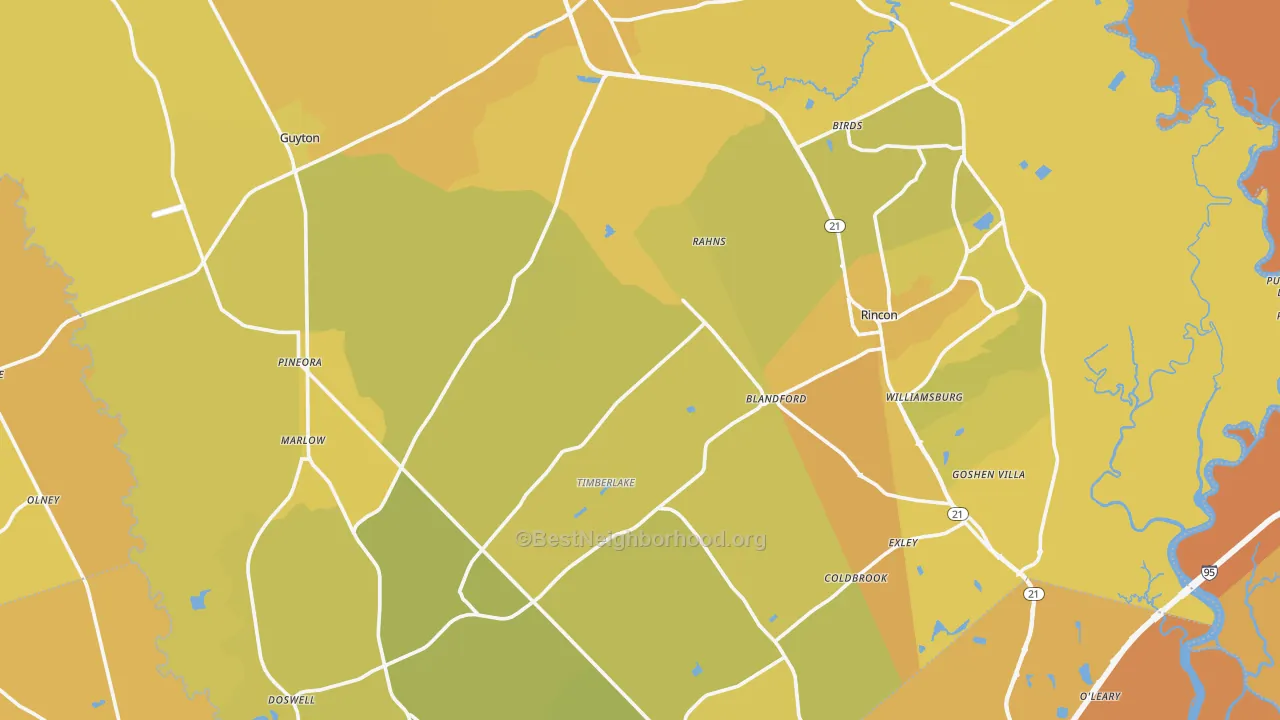 Map of the best neighborhoods in the Effingham County area, with better matches in green and worse matches in red