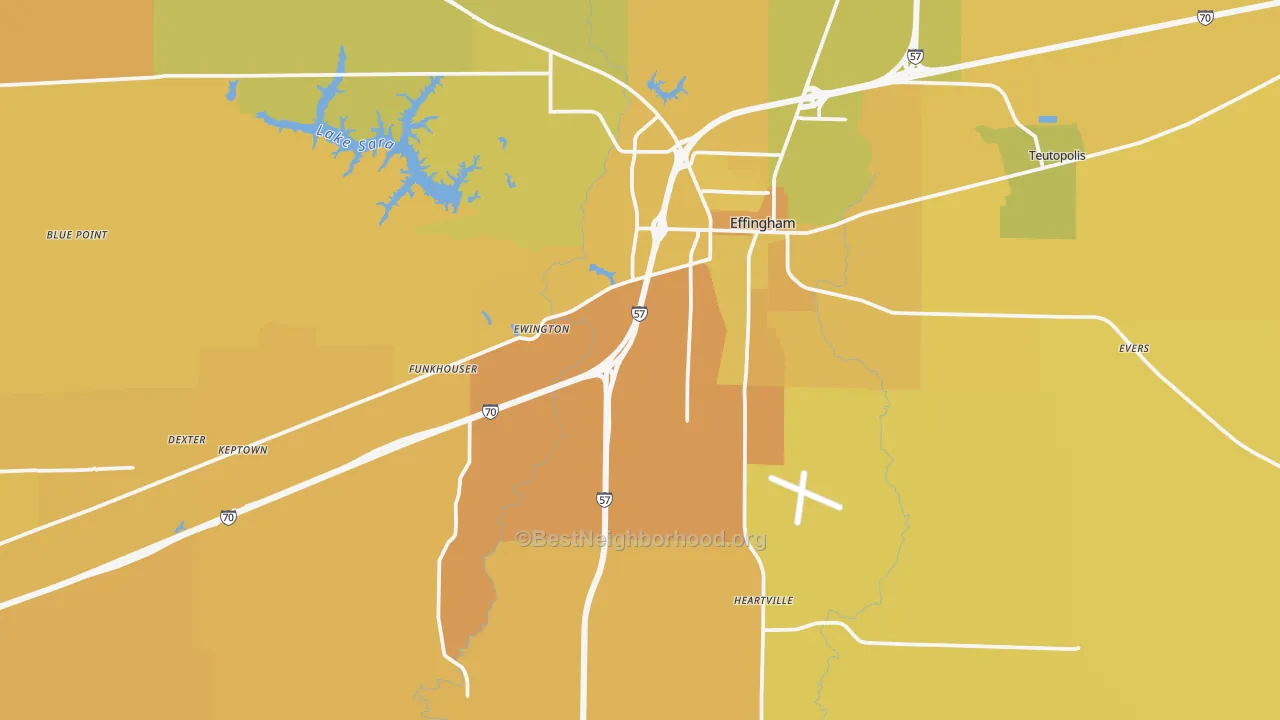 Map of the best neighborhoods in the Effingham County area, with better matches in green and worse matches in red