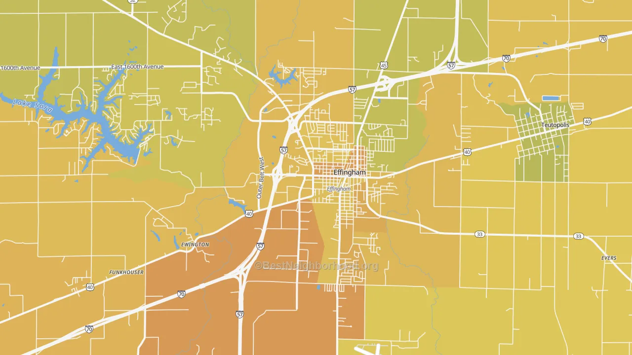Map of the best neighborhoods in the Effingham area, with better matches in green and worse matches in red