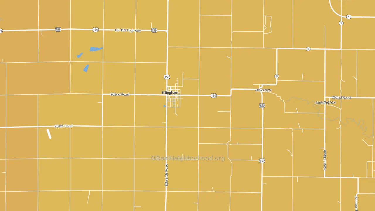 Map of the best neighborhoods in the Effingham area, with better matches in green and worse matches in red