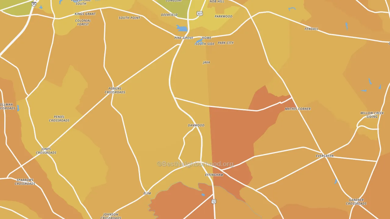 Map of the best neighborhoods in the Effingham area, with better matches in green and worse matches in red