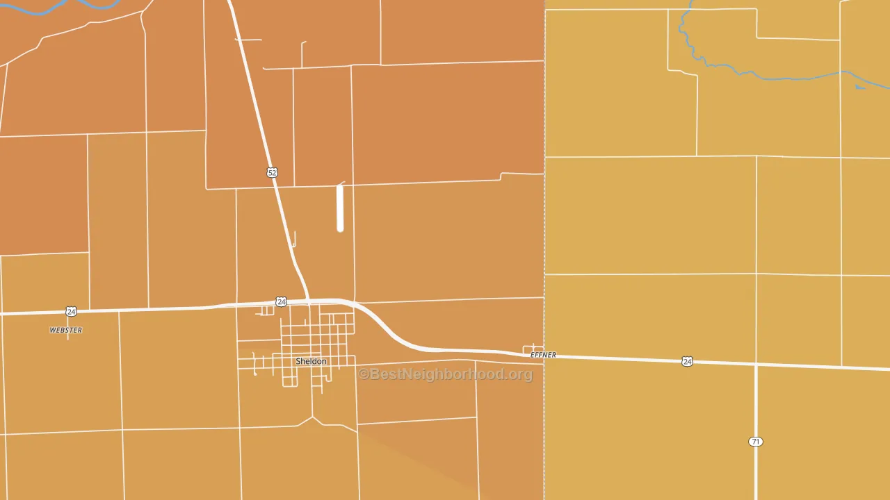 Map of the best neighborhoods in the Effner area, with better matches in green and worse matches in red