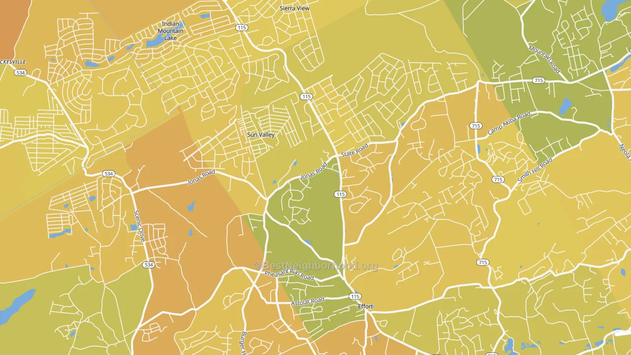 Map of the best neighborhoods in the Effort area, with better matches in green and worse matches in red