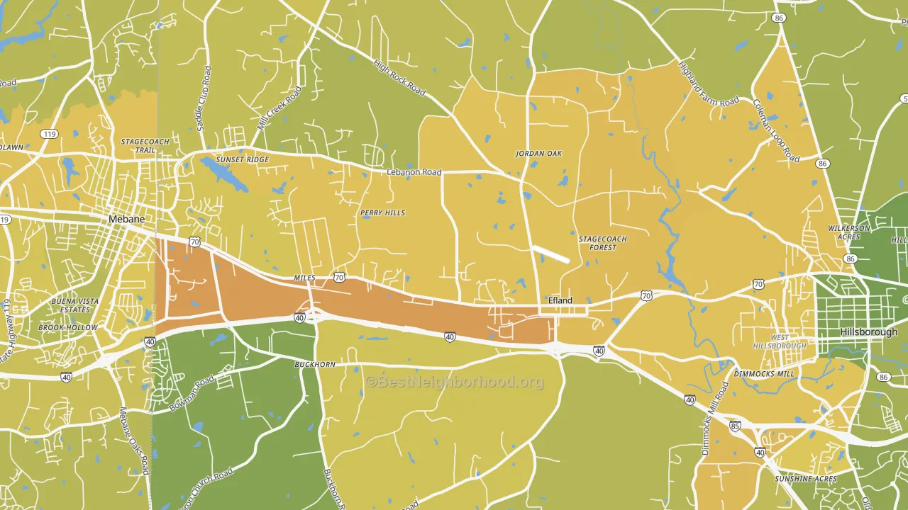 Map of the best neighborhoods in the Efland area, with better matches in green and worse matches in red