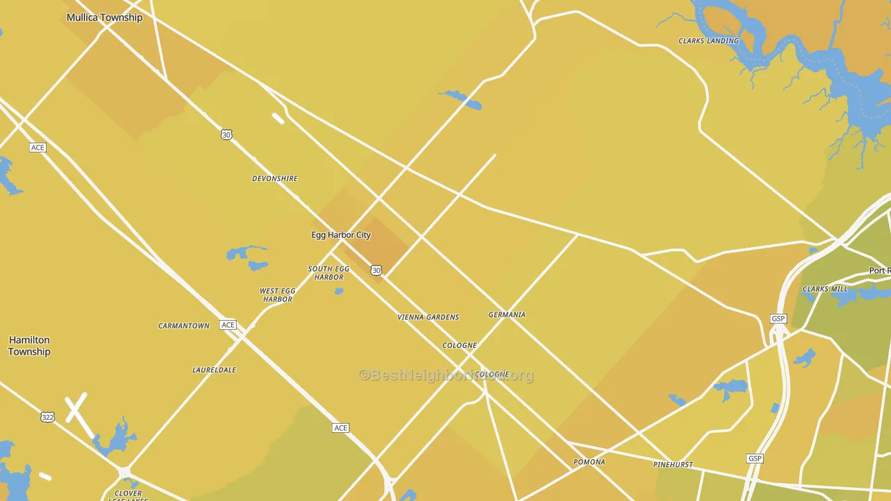Map of the best neighborhoods in the Egg Harbor City area, with better matches in green and worse matches in red