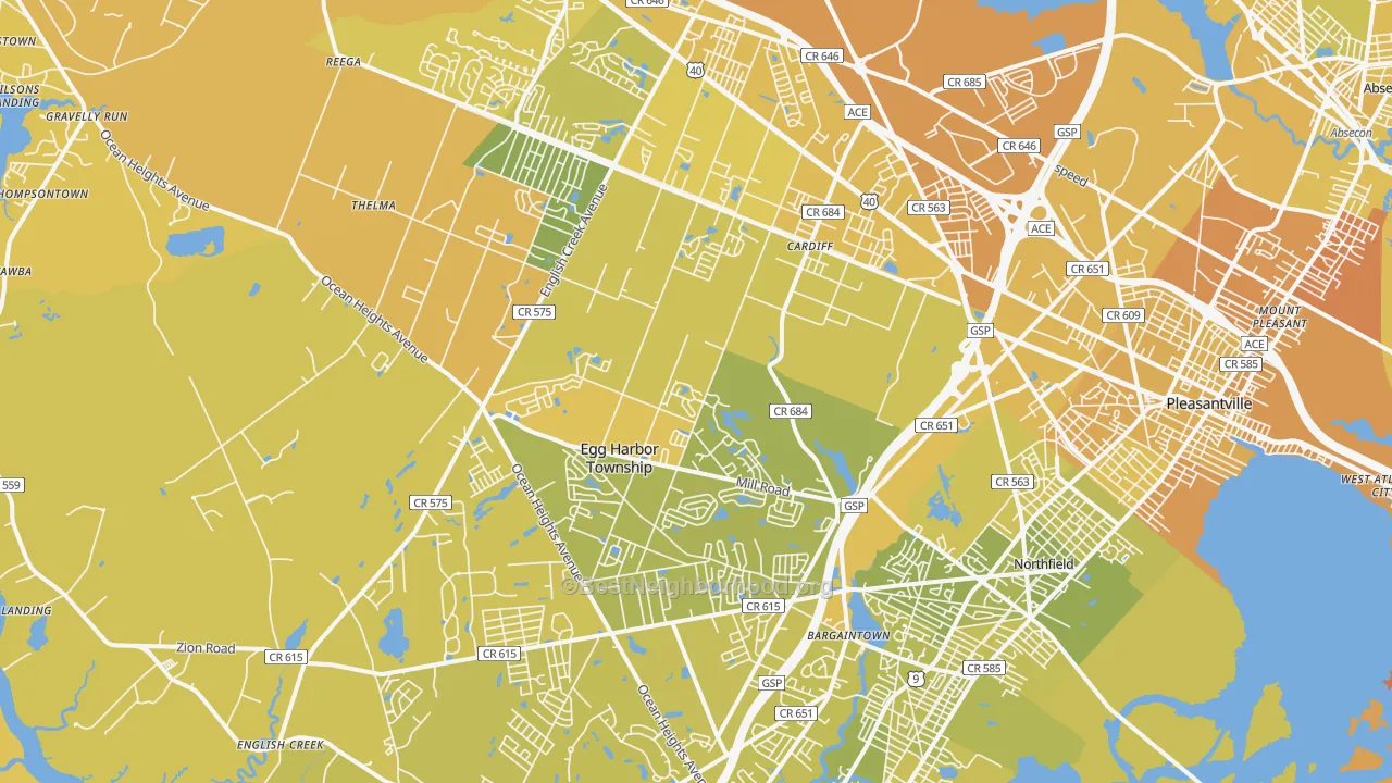 Map of the best neighborhoods in the Egg Harbor Township area, with better matches in green and worse matches in red